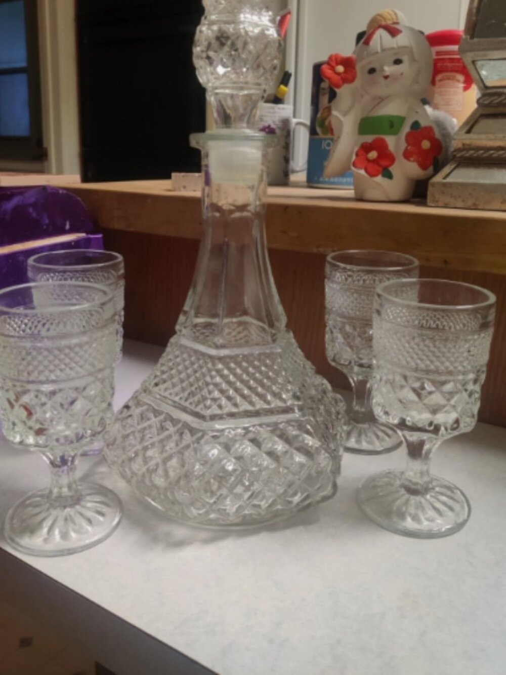 ANCHOR HOCKING Wexford Ships Decanter & Stopper 4 -Claret Wine Glass (No Chips)